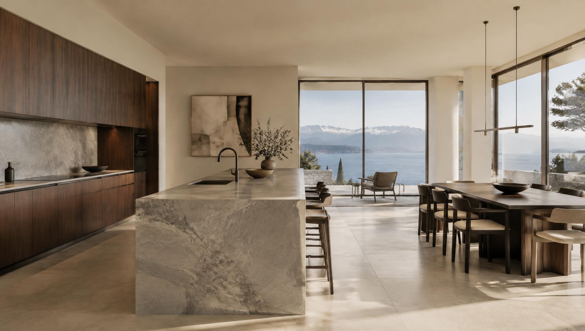 Cuisine sur-mesure en noyer et quartzite avec vue sur le lac Léman